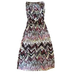 For Cynthia Strapless Mesh Maxi Dress Chevron Zigzag Print Earth Tones Medium